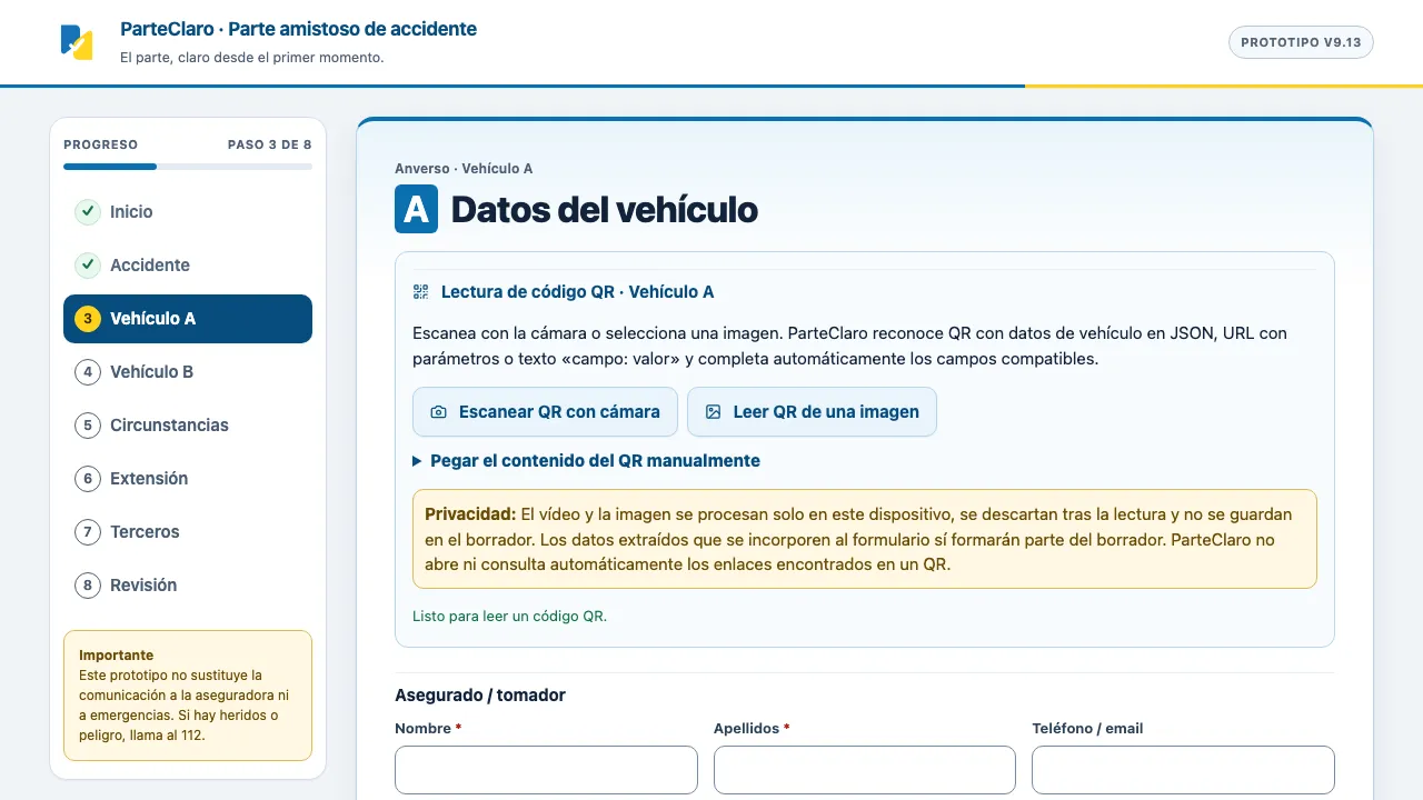 La app del parte en el paso del vehículo A, con la lectura de código QR lista